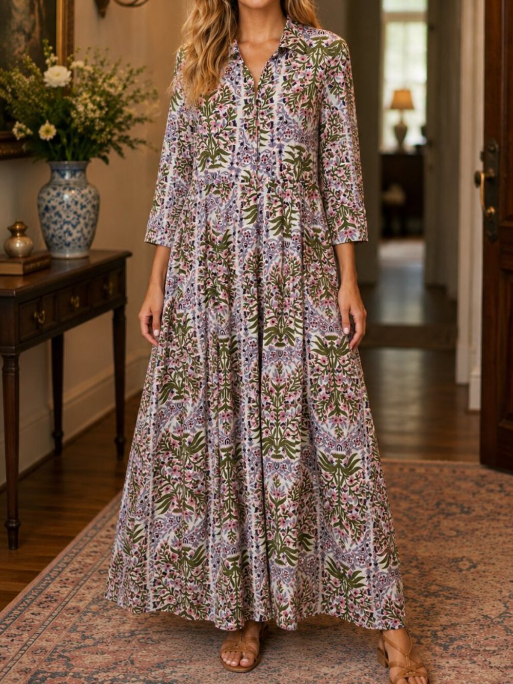 Julia Amory JA Mughal Jardin Rouge Floral Maxi Length Shirt Dress Size MEDIUM - Picture 3 of 3